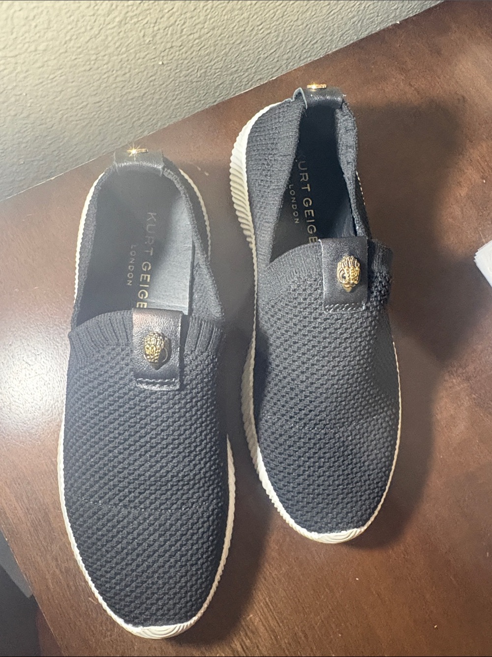 Kurt Geiger Black Knit Slip-On Loafers with Gold Crest